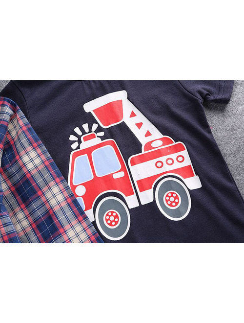 3Pcs Kids Boys Plaid shirt,Short Sleeve Car T-shirt, jeans Clothes Outfits Sets