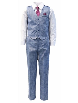 Vittorino Boy's Linen Look 4 Piece Suit Set with Vest Pants Shirt and Tie