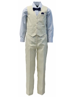 Vittorino Boy's Linen Look 4 Piece Suit Set with Vest Pants Shirt and Tie