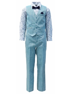 Vittorino Boy's Linen Look 4 Piece Suit Set with Vest Pants Shirt and Tie