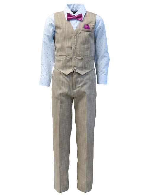 Vittorino Boy's Linen Look 4 Piece Suit Set with Vest Pants Shirt and Tie