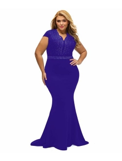 LALAGEN Women's Short Sleeve Rhinestone Plus Size Long Cocktail Evening Dress