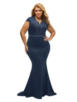 LALAGEN Women's Short Sleeve Rhinestone Plus Size Long Cocktail Evening Dress