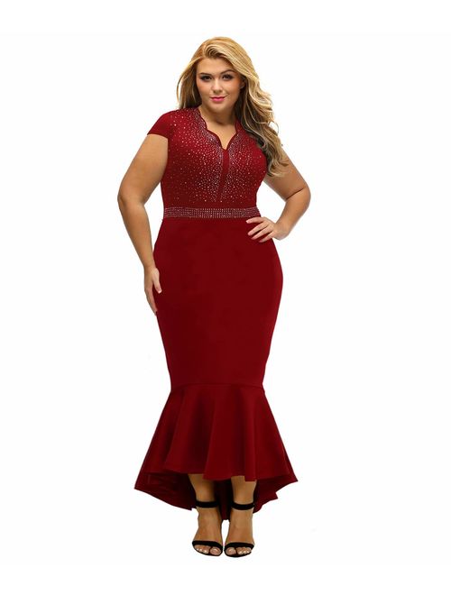 LALAGEN Women's Short Sleeve Rhinestone Plus Size Long Cocktail Evening Dress