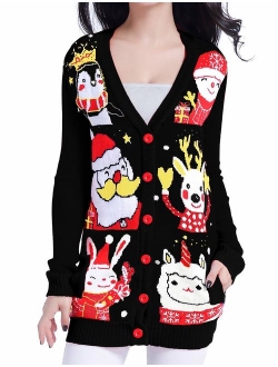 v28 Ugly Christmas Sweater for Women Vintage Funny Merry Knit Cardigan Sweaters