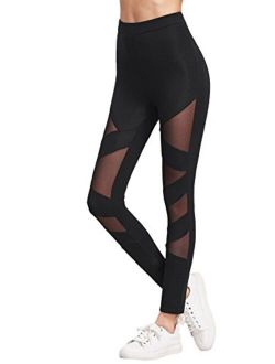 Buy SweatyRocks Women's Legging Mesh Insert Ripped Tights Yoga Slim Pants  online