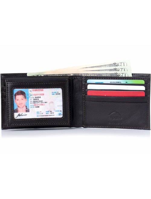 Alpine Swiss Mens Leather Bifold Wallet Removable Flip Up ID Window