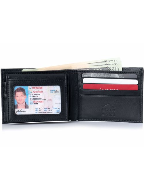 Alpine Swiss Mens Leather Bifold Wallet Removable Flip Up ID Window