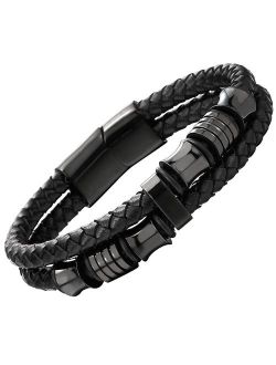 COOLSTEELANDBEYOND Mens Double-Row Black Braided Leather Bracelet Bangle Wristband with Black Stainless Steel Ornaments