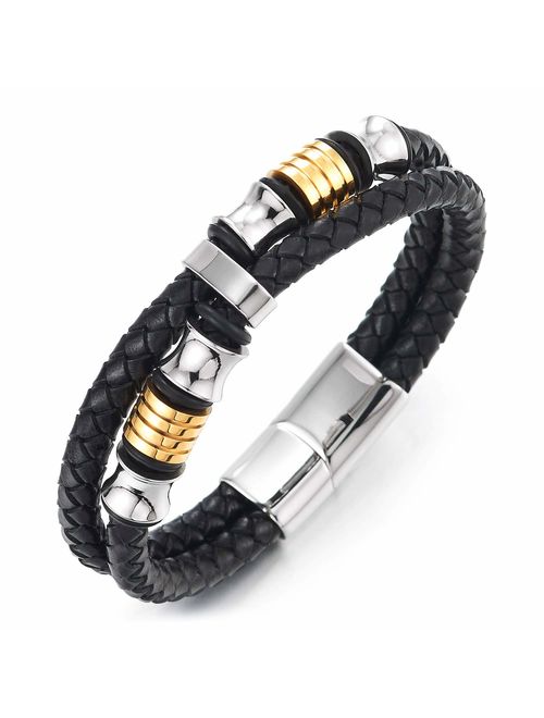 COOLSTEELANDBEYOND Mens Double-Row Black Braided Leather Bracelet Bangle Wristband with Black Stainless Steel Ornaments