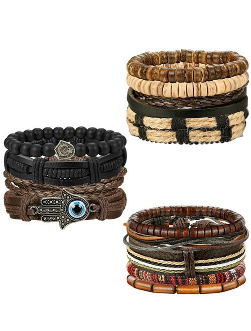 FIBO STEEL 12-17 Pcs Leather Bracelet for Men Women Woven Cuff Bracelet Adjustable