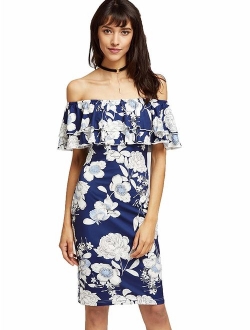 Women's Floral Ruffle Off Shoulder Party Sexy Bodycon Dress