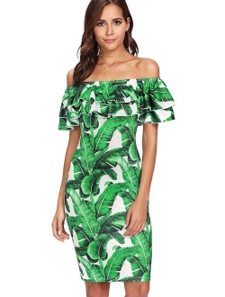 Women's Floral Ruffle Off Shoulder Party Sexy Bodycon Dress