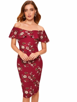 Women's Floral Ruffle Off Shoulder Party Sexy Bodycon Dress