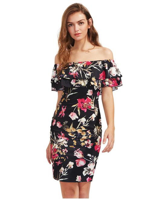 Floerns Women's Floral Ruffle Off Shoulder Party Sexy Bodycon Dress