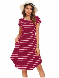 Halife Women's Summer Casual Stripe Elastic Waist Loose Beach Midi Dress