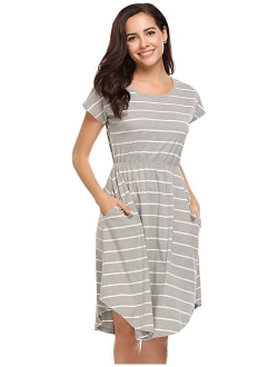 Halife Women's Summer Casual Stripe Elastic Waist Loose Beach Midi Dress