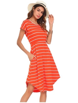 Halife Women's Summer Casual Stripe Elastic Waist Loose Beach Midi Dress