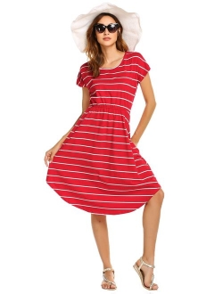 Halife Women's Summer Casual Stripe Elastic Waist Loose Beach Midi Dress