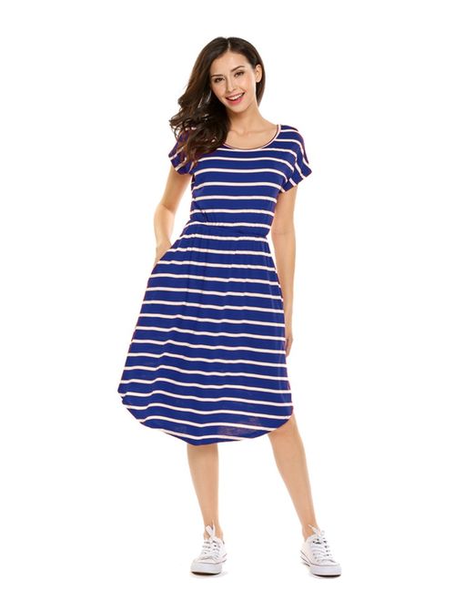 Halife Women's Summer Casual Stripe Elastic Waist Loose Beach Midi Dress