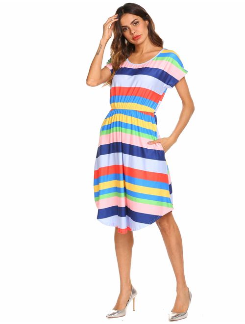 Halife Women's Summer Casual Stripe Elastic Waist Loose Beach Midi Dress