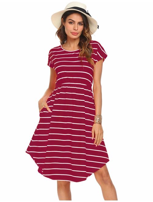 Halife Women's Summer Casual Stripe Elastic Waist Loose Beach Midi Dress