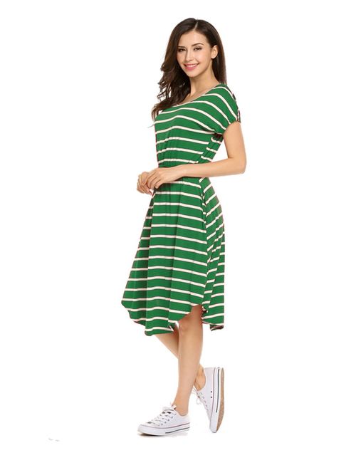 Halife Women's Summer Casual Stripe Elastic Waist Loose Beach Midi Dress