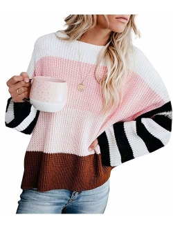 Women's Crew Neck Long Sleeve Color Block Knit Sweater Casual Pullover Jumper Tops