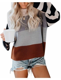 Women's Crew Neck Long Sleeve Color Block Knit Sweater Casual Pullover Jumper Tops