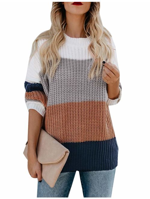 MEROKEETY Women's Crew Neck Long Sleeve Color Block Knit Sweater Casual Pullover Jumper Tops