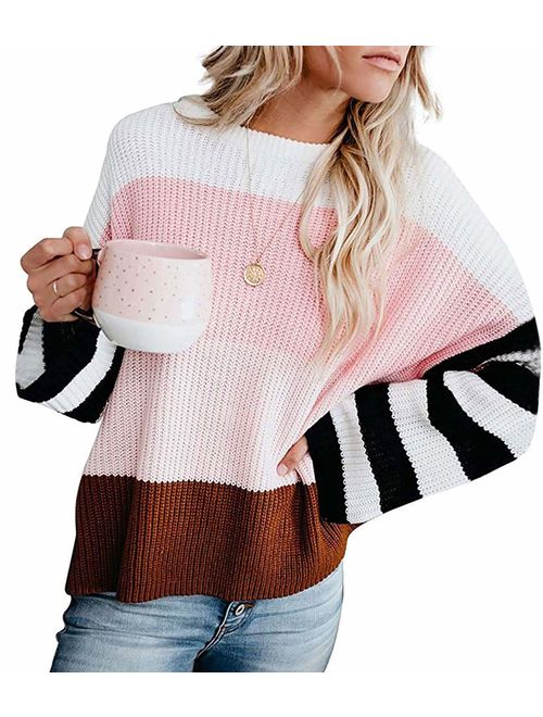 MEROKEETY Women's Crew Neck Long Sleeve Color Block Knit Sweater Casual Pullover Jumper Tops