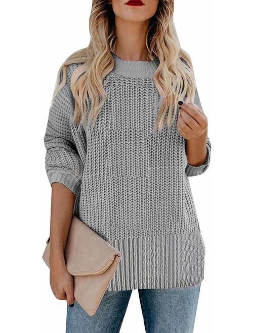 MEROKEETY Women's Crew Neck Long Sleeve Color Block Knit Sweater Casual Pullover Jumper Tops