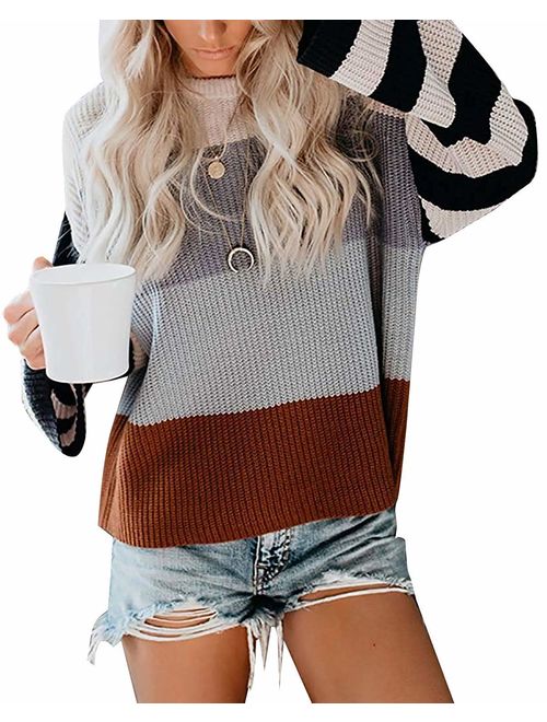 MEROKEETY Women's Crew Neck Long Sleeve Color Block Knit Sweater Casual Pullover Jumper Tops