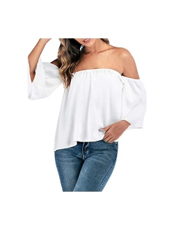 Women's Summer Off Shoulder Blouses Short Sleeves Sexy Tops Chiffon Ruffles Casual T Shirt