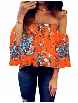 Women's Summer Off Shoulder Blouses Short Sleeves Sexy Tops Chiffon Ruffles Casual T Shirt