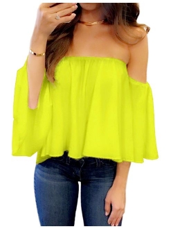 Women's Summer Off Shoulder Blouses Short Sleeves Sexy Tops Chiffon Ruffles Casual T Shirt