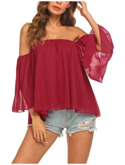 Women's Summer Off Shoulder Blouses Short Sleeves Sexy Tops Chiffon Ruffles Casual T Shirt