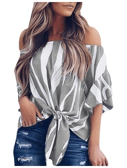 Women's Summer Off Shoulder Blouses Short Sleeves Sexy Tops Chiffon Ruffles Casual T Shirt