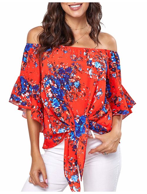 Women's Summer Off Shoulder Blouses Short Sleeves Sexy Tops Chiffon Ruffles Casual T Shirt