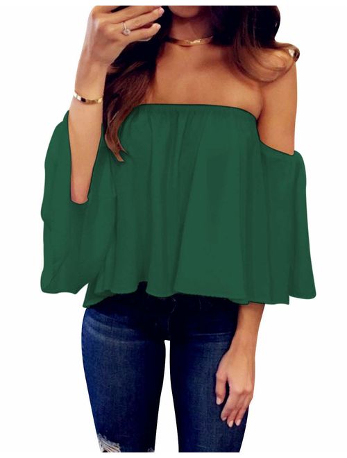 Women's Summer Off Shoulder Blouses Short Sleeves Sexy Tops Chiffon Ruffles Casual T Shirt