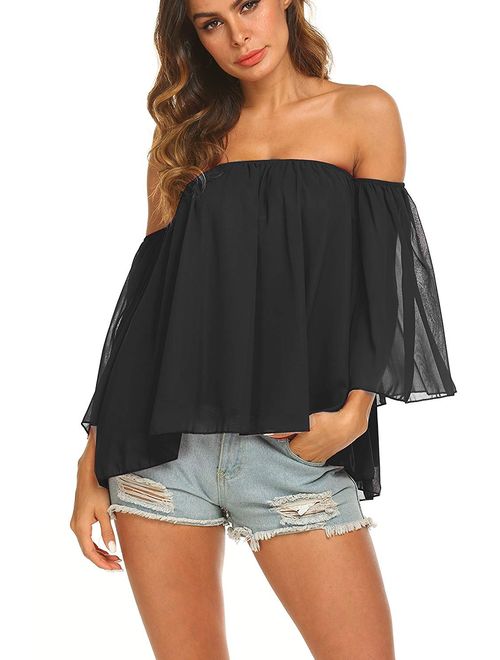 Women's Summer Off Shoulder Blouses Short Sleeves Sexy Tops Chiffon Ruffles Casual T Shirt