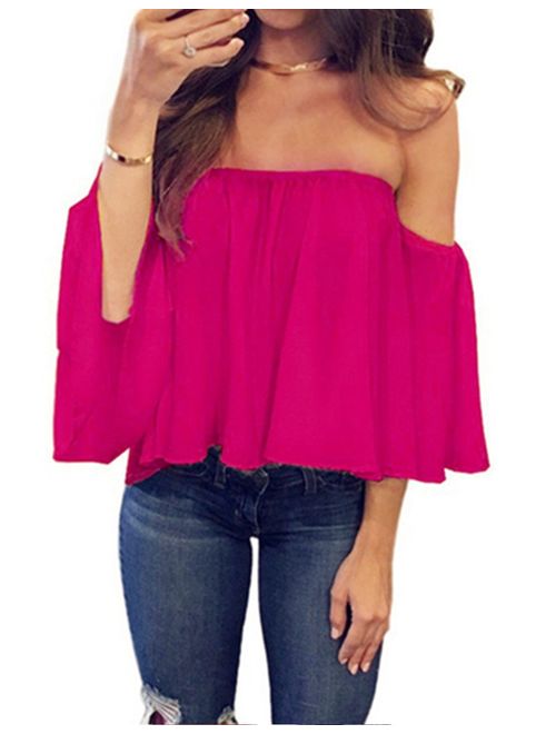 Women's Summer Off Shoulder Blouses Short Sleeves Sexy Tops Chiffon Ruffles Casual T Shirt