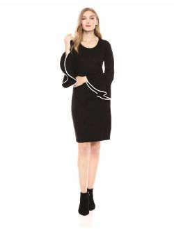 Women's Cascading Bell Sleeve Sweater Dress with Contrast Piping