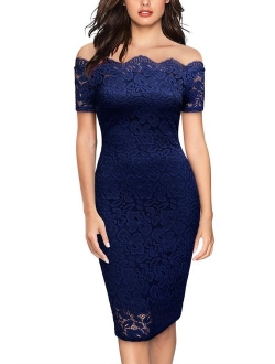 Women's Vintage Off Shoulder Flare Lace Slim Cocktail Pencil Dress