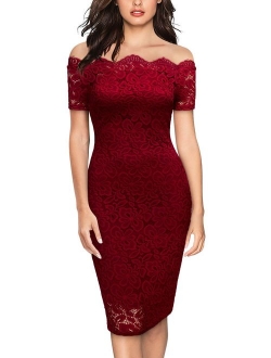 Women's Vintage Off Shoulder Flare Lace Slim Cocktail Pencil Dress