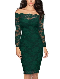 Women's Vintage Off Shoulder Flare Lace Slim Cocktail Pencil Dress