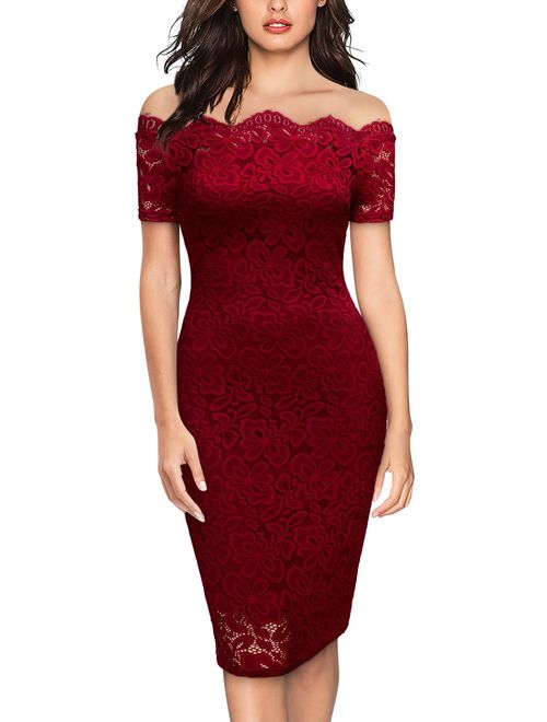 Miusol Women's Vintage Off Shoulder Flare Lace Slim Cocktail Pencil Dress