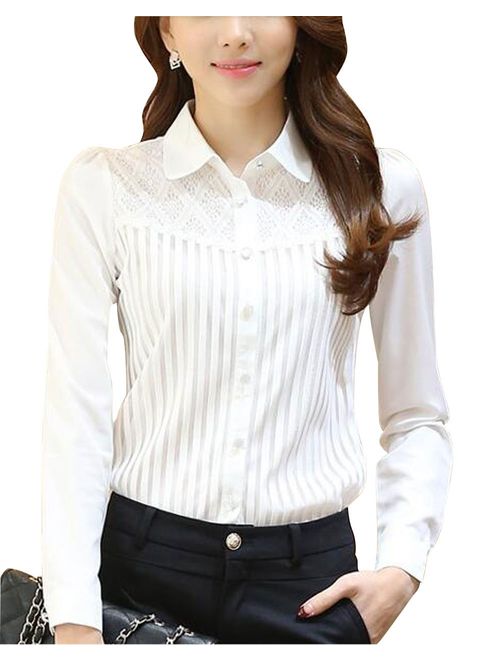 DPO Women's Vintage Collared Pleated Button Down Shirt Long Sleeve Lace Stretchy Blouse