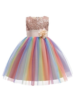 Wocau Little Girls' Sequin Mesh Tull Dress Sleeveless Flower Party Ball Gown