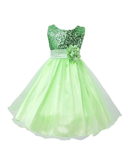 Wocau Little Girls' Sequin Mesh Tull Dress Sleeveless Flower Party Ball Gown